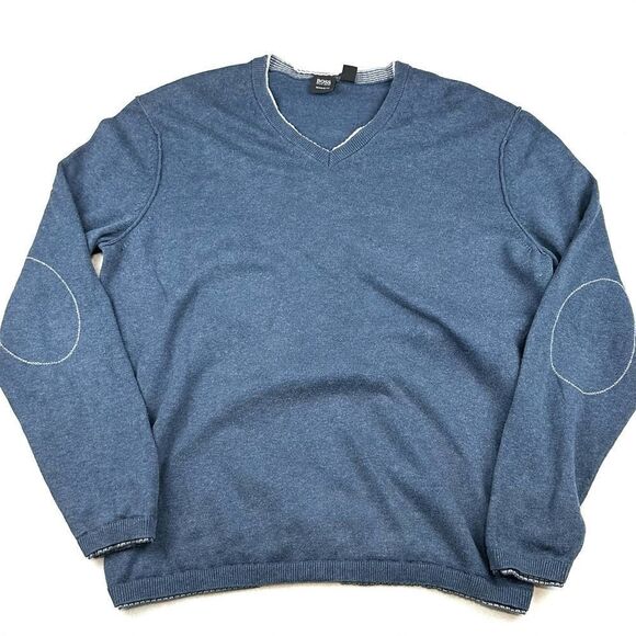 Hugo Boss Aegean Blue Cotton Cashmere Blend V‎ Neck Sweater Men’s L - Picture 1 of 11